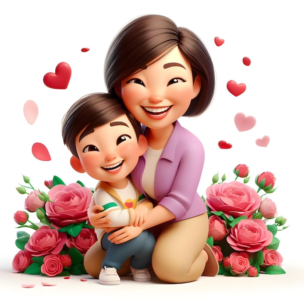 3d cartoon Mother and son hugging each others in mothers day