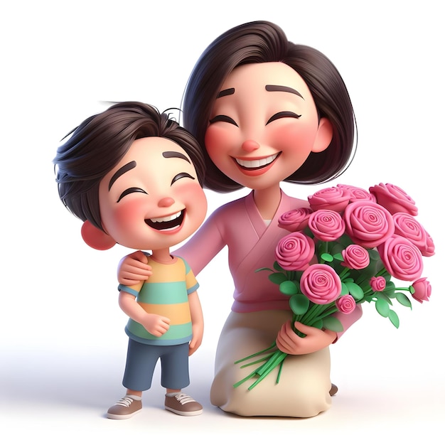 3d cartoon Mother and son hugging each others in mothers day