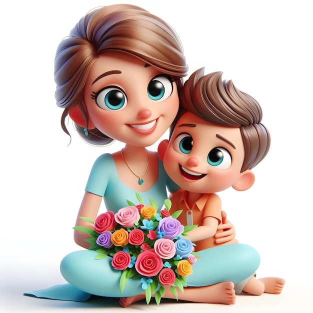 3d cartoon Mother and son hugging each others in mothers day