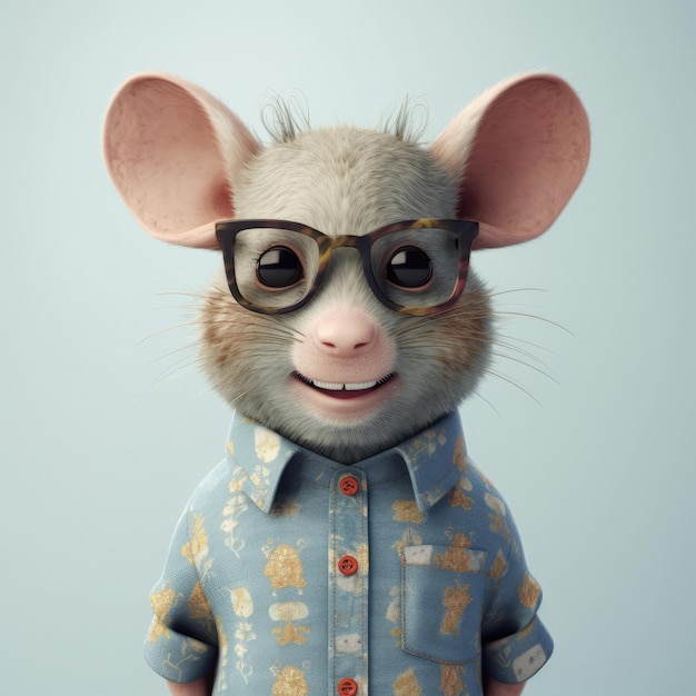 3D cartoon Mouse portrait wearing clothes glasses hat and jacket standing in front