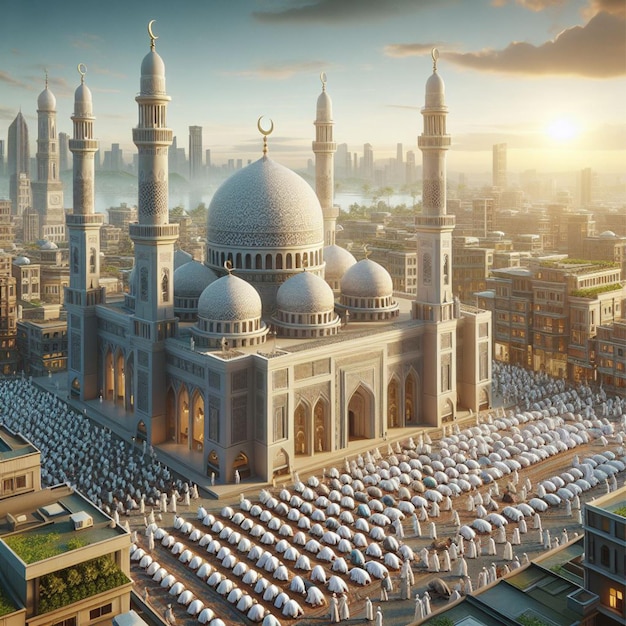 3D 만화에서 이슬람교도들이 모스크에서 이드 피트르를 기도하고 있다.