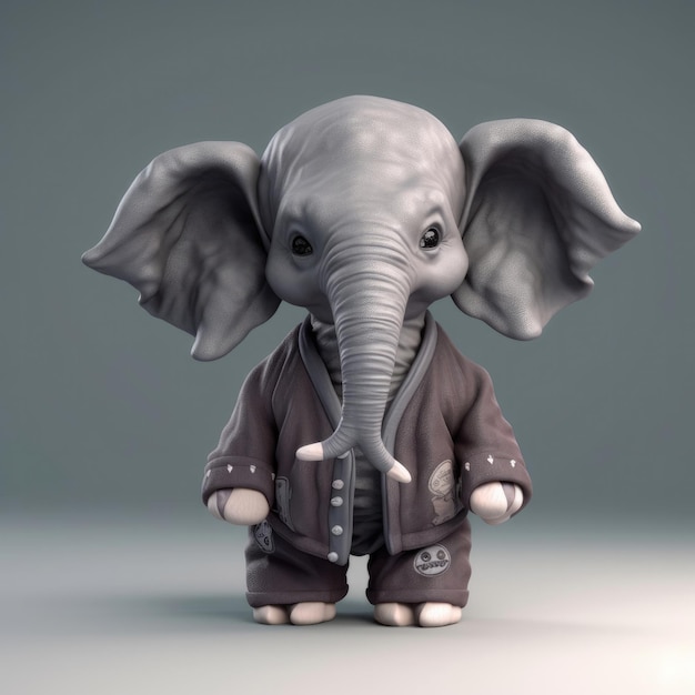 3D cartoon Olifant portret dragen kleding bril hoed jas staande vooraan