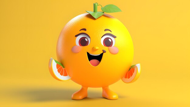 3d cartoon orange with fluffy skin on vibrant yellow background rendered in cinema 4d and octane