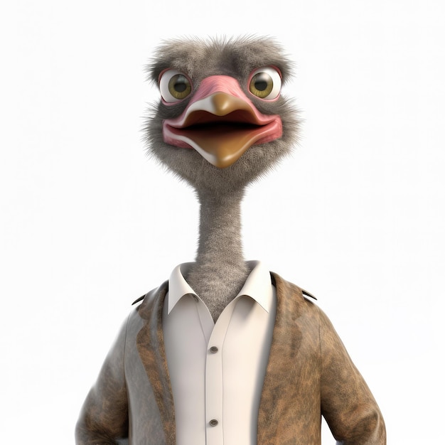 Photo 3d cartoon ostrich portrait wearing clothes standing in front studio lights generative ai