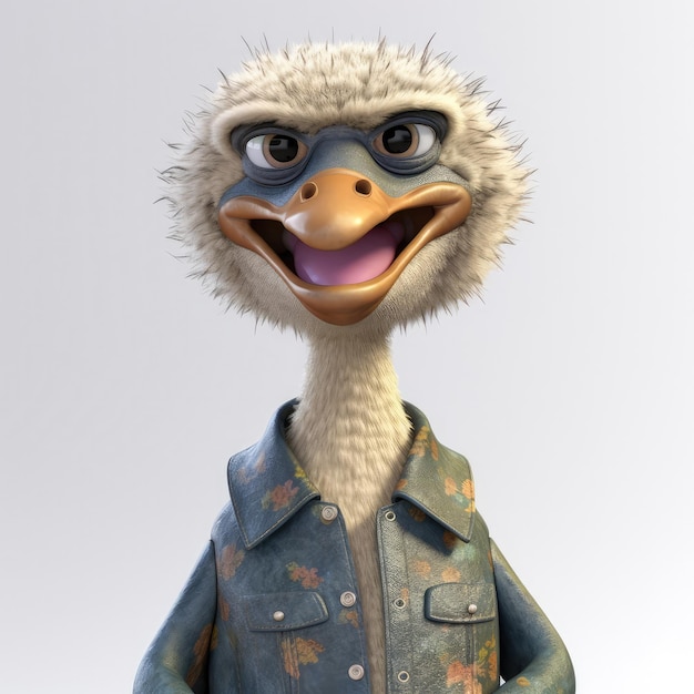 3D cartoon ostrich portrait wearing clothes standing in front studio lights generative ai