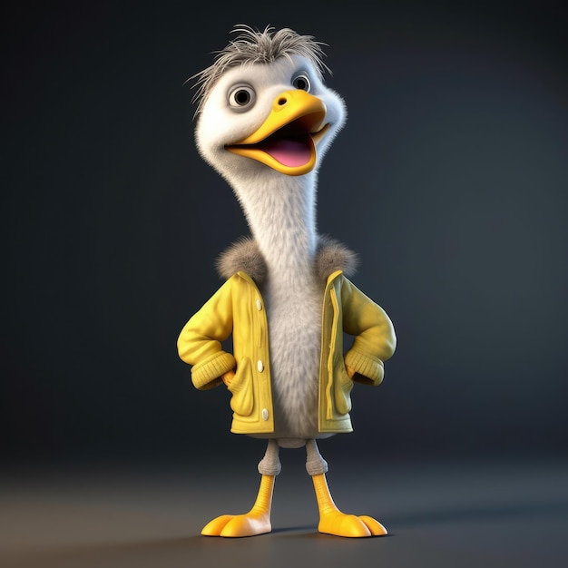 3D cartoon ostrich portrait wearing clothes standing in front studio lights generative ai
