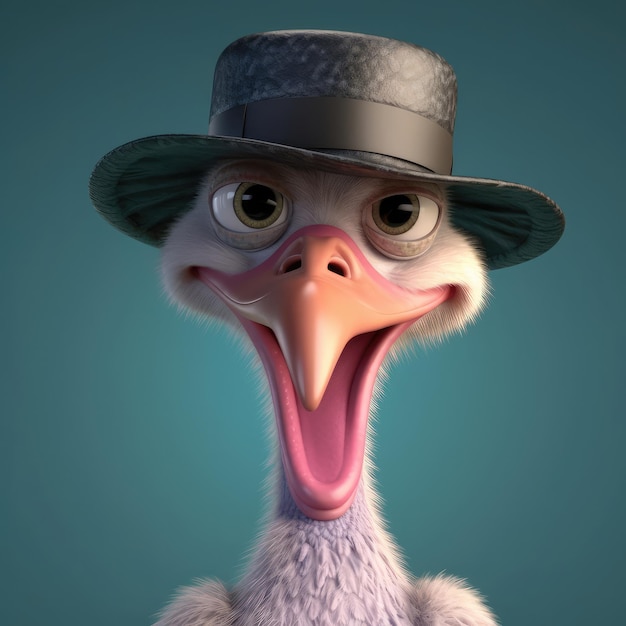 3D cartoon ostrich portrait wearing clothes standing in front studio lights generative ai