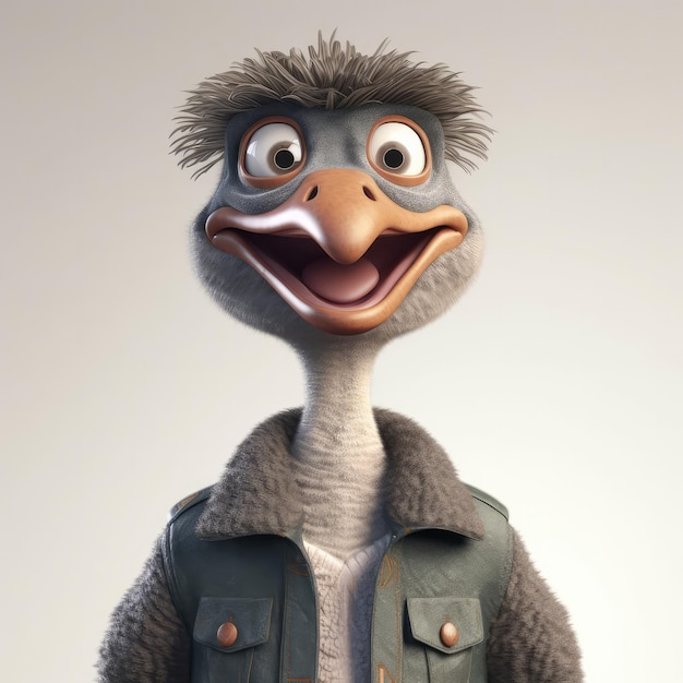 3D cartoon ostrich portrait wearing clothes standing in front studio lights generative ai