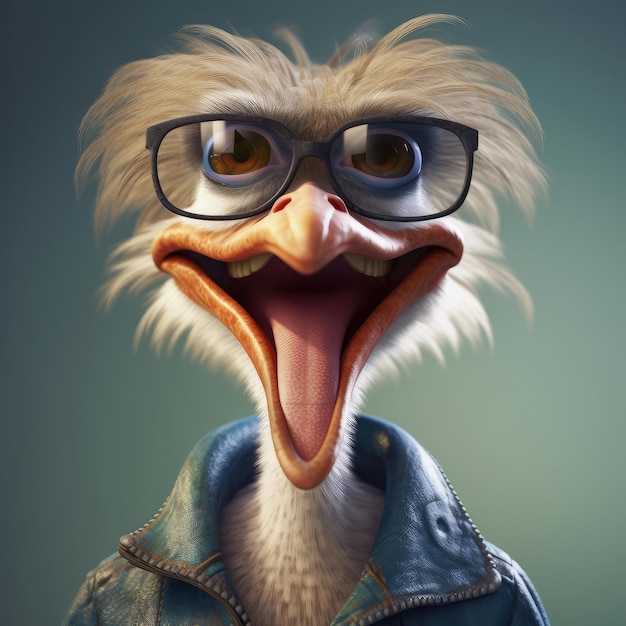 3D cartoon ostrich portrait wearing clothes standing in front studio lights generative ai