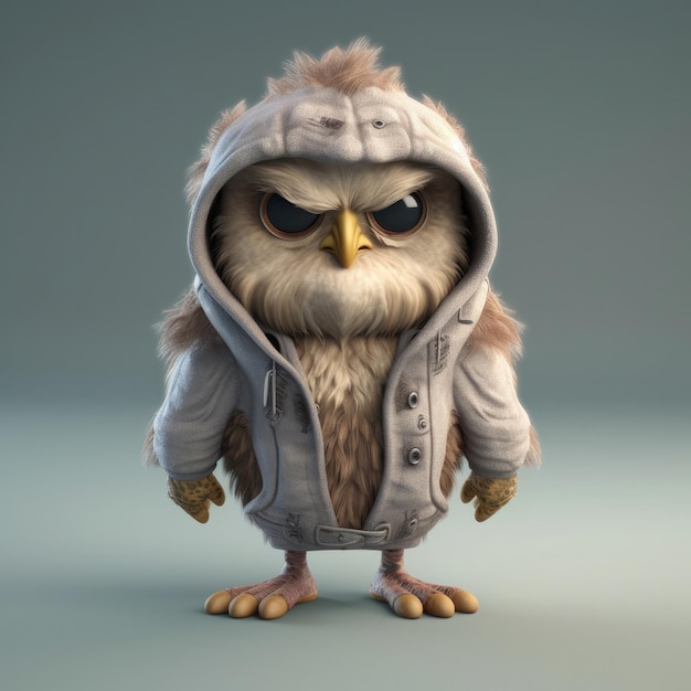 3D cartoon Owl portrait wearing clothes glasses hat and jacket standing in front