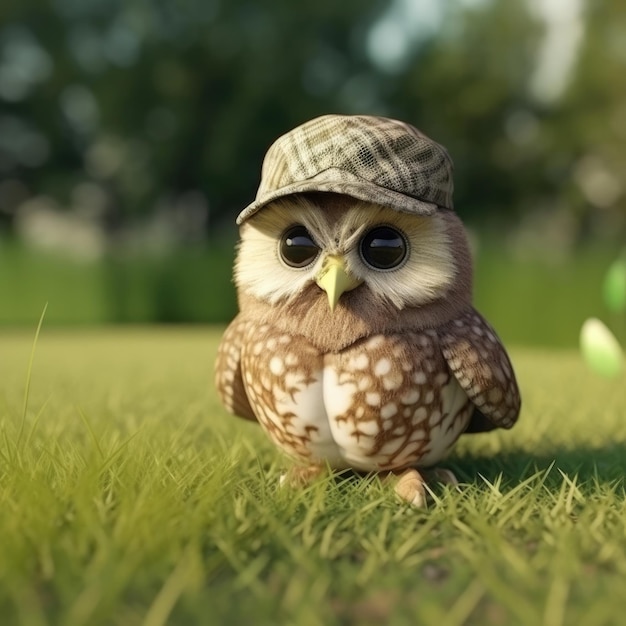 3D cartoon Owl portrait wearing clothes glasses hat and jacket standing in front