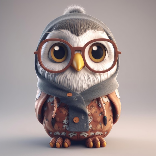 3D cartoon Owl portrait wearing clothes glasses hat and jacket standing in front