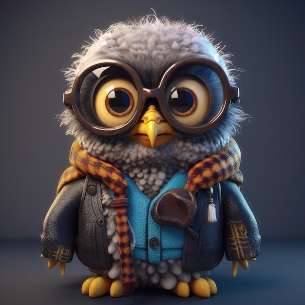 3D cartoon Owl portrait wearing clothes glasses hat and jacket standing in front