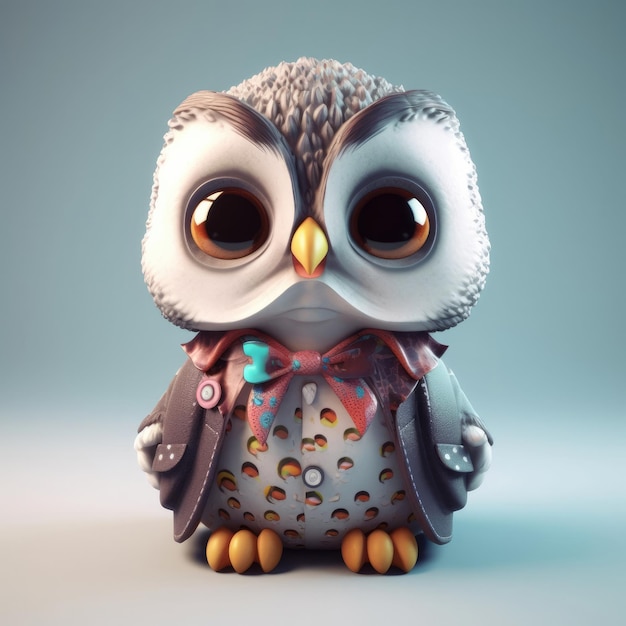 3D cartoon Owl portrait wearing clothes glasses hat and jacket standing in front