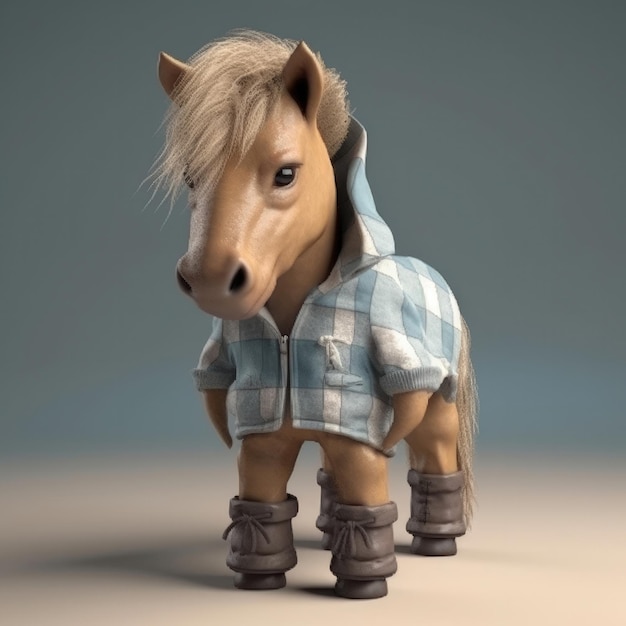 3D cartoon Paardenportret met kleren, bril, hoed en jas die vooraan staan