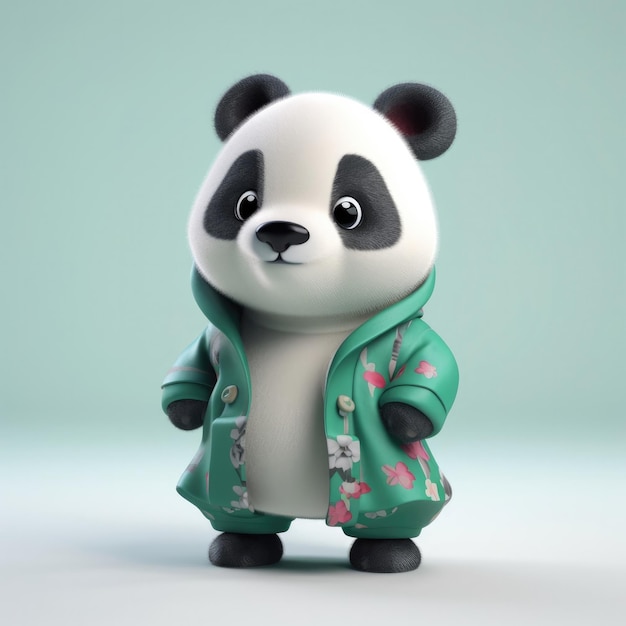 3D cartoon Panda bear portrait wearing clothes glasses hat and jacket standing in front