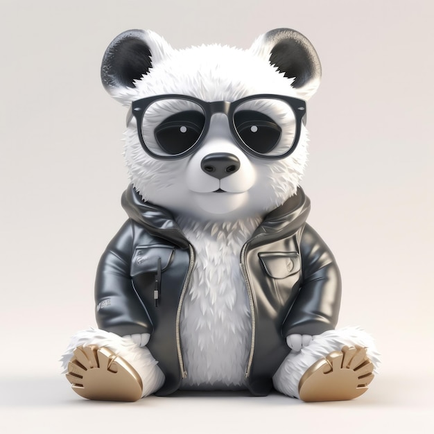 3D cartoon Panda bear portrait wearing clothes glasses hat and jacket standing in front