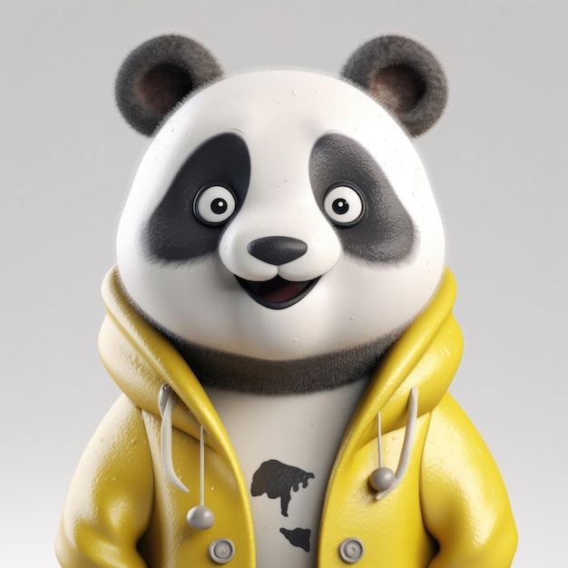 3D cartoon Panda bear portrait wearing clothes glasses hat and jacket standing in front