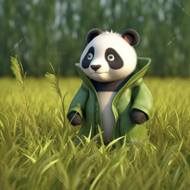 3D cartoon Panda beer portret dragen kleding bril hoed en jas staan vooraan