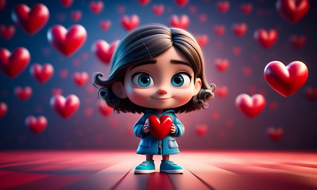 3d cartoon personage en hart hart achtergrond 3d hart