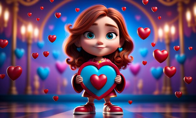 3d cartoon personage en hart hart achtergrond 3d hart