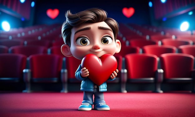 3d cartoon personage en hart hart achtergrond 3d hart