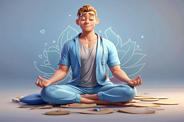 3D cartoon personage illustratie van mediterende man die op de vloer zit in yoga lotus positie