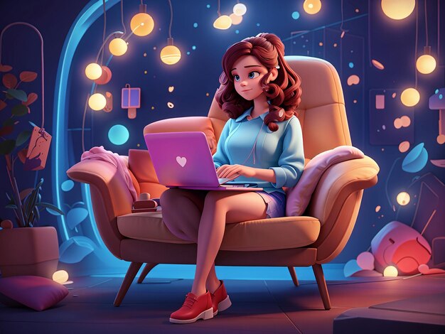 3D cartoon personage illustratie van zakenvrouw die werkt met behulp van een laptop