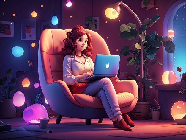 3D cartoon personage illustratie van zakenvrouw die werkt met behulp van een laptop