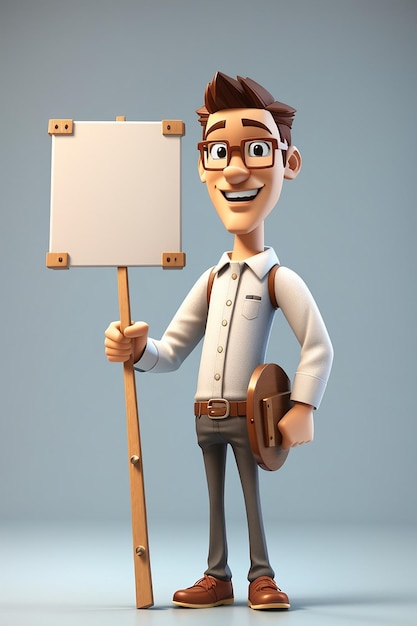 3D cartoon personage man die een stok vasthoudt en naar een leeg bord wijst