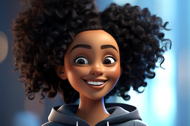 Foto 3d cartoon personage van een zwarte jonge vrouw