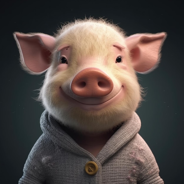 3D cartoon Pig portrait wearing clothes glasses hat and jacket standing in front