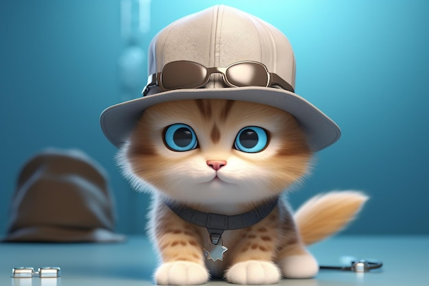 3D Cartoon Portrait of Cute Baby Cat Detective