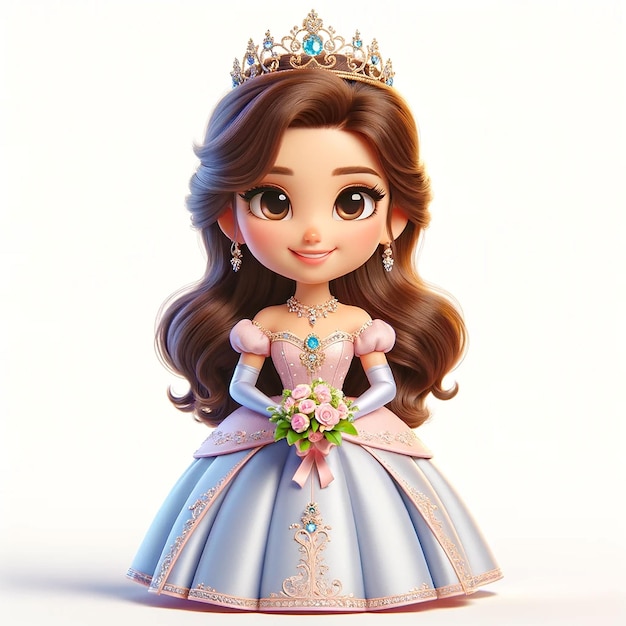Foto 3d cartoon prinses prinses in een jurk met een kroon