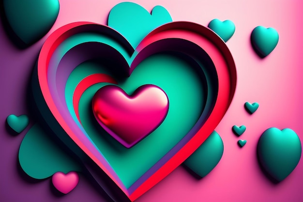 3D Cartoon Pulsing Hearts on Teal Background Valentine's Day Background