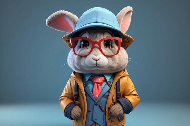 Photo 3d cartoon rabbit portrait wearing clothes glasses hat and jacket standing in front