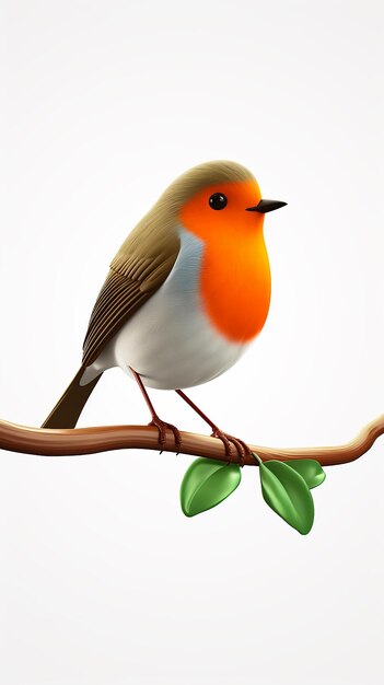 3D cartoon robin bird sitting on a tree branch