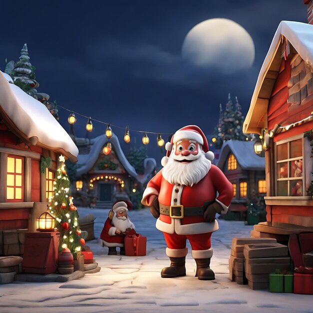 3D cartoon Santa Claus in the North Pole village getting ready for the Christmas holiday season come