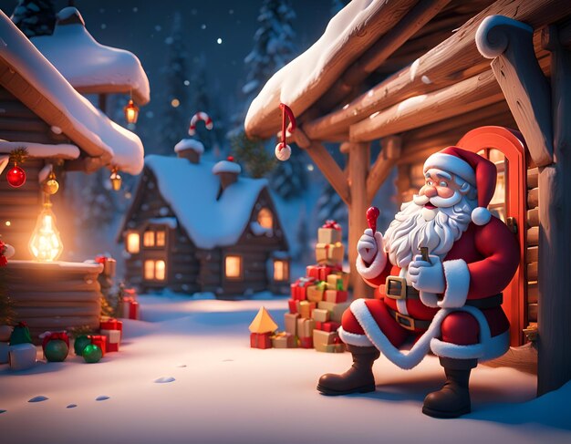 Photo 3d cartoon santa claus in the north pole village getting ready for the christmas holiday season come
