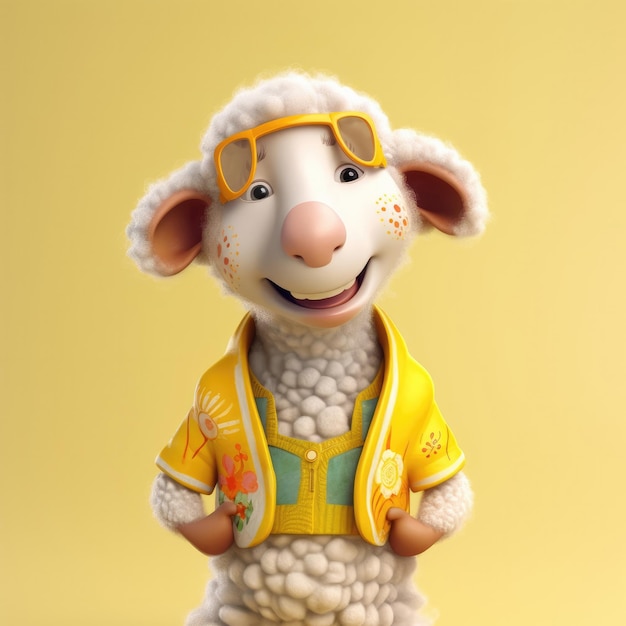 3D cartoon schapen portret dragen kleding bril hoed en jas staan vooraan