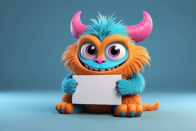 3d cartoon schattig harig monster met een lege hand