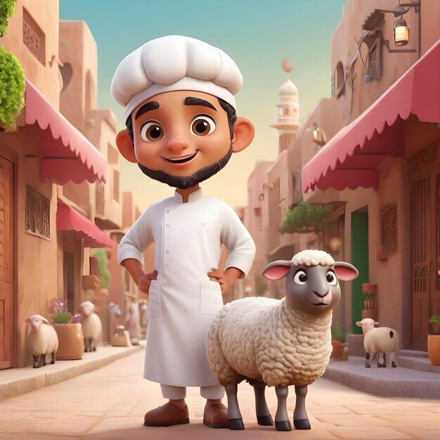 3d cartoon schattige moslim slager met een schattige gelukkige Eid schaap