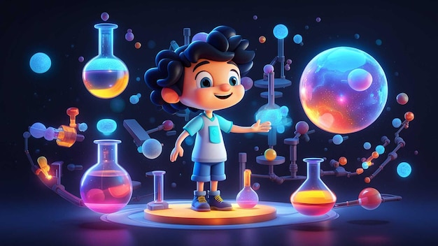 Foto 3d cartoon scientist kid che gioca con gli strumenti su uno sfondo chimico