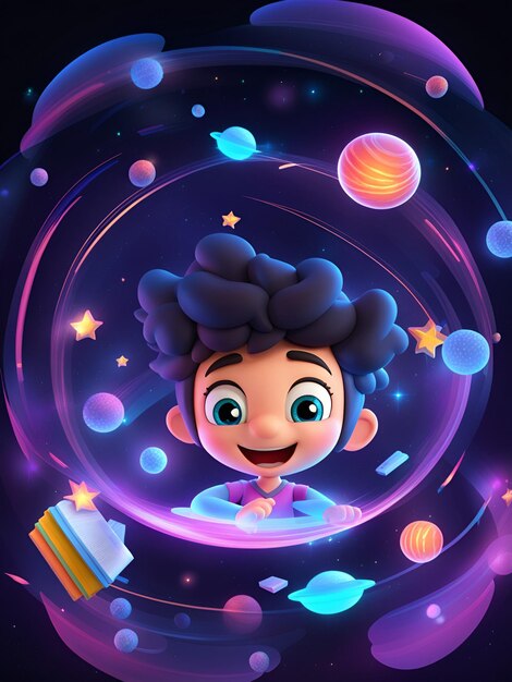 3D Cartoon Scientist Kid playing with instruments on a Digitally chemistry background