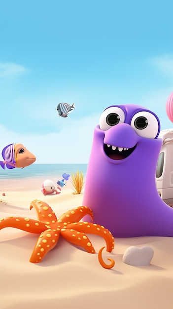 Photo 3d cartoon sea animals relaxing on the beach