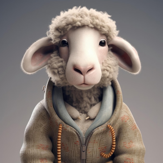 3D cartoon Sheep portrait wearing clothes glasses hat and jacket standing in front