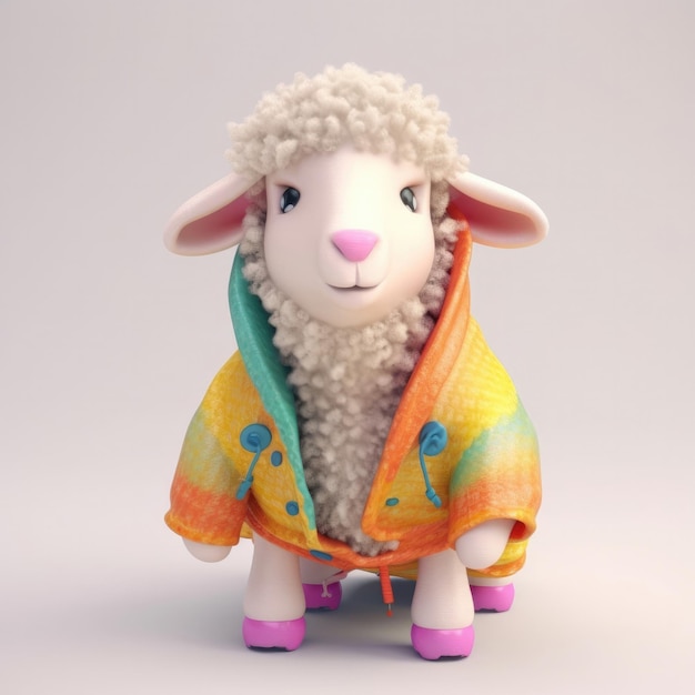 3D cartoon Sheep portrait wearing clothes glasses hat and jacket standing in front