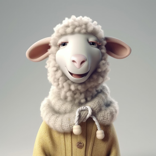 3D cartoon Sheep portrait wearing clothes glasses hat and jacket standing in front