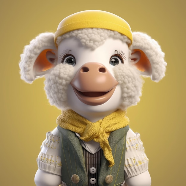 3D cartoon Sheep portrait wearing clothes glasses hat and jacket standing in front