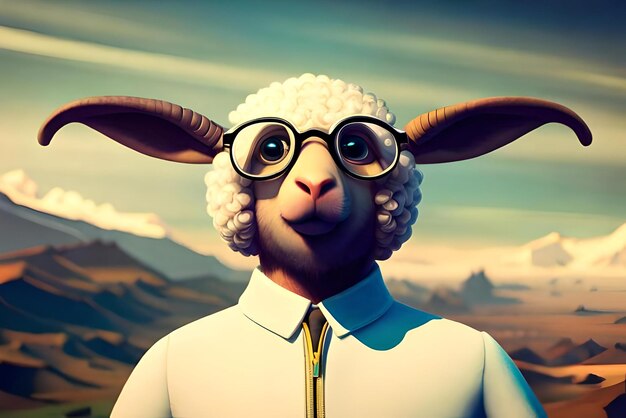 3d мультяшная овца в одежде, очках, шляпе и куртке